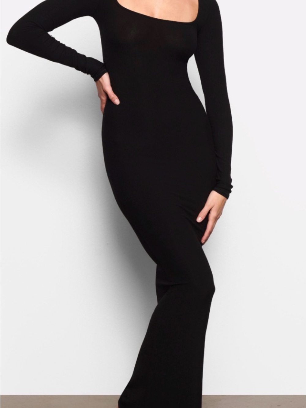 SKIMS Black Long Sleeve Scoop Neck Maxi Dress